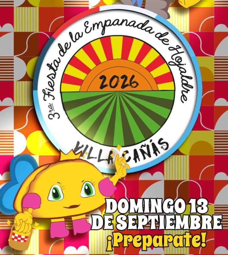 Imagen promocional de la Fiesta de la Empanada de Hojaldre en Villa Cañás. El diseño es colorido e incluye un personaje animado y un motivo de sol radiante. El evento anual, organizado por el gobierno municipal, combina gastronomía, música y actividades culturales para celebrar la tradición local. La edición de este año se realizará el 13 de septiembre de 2026.