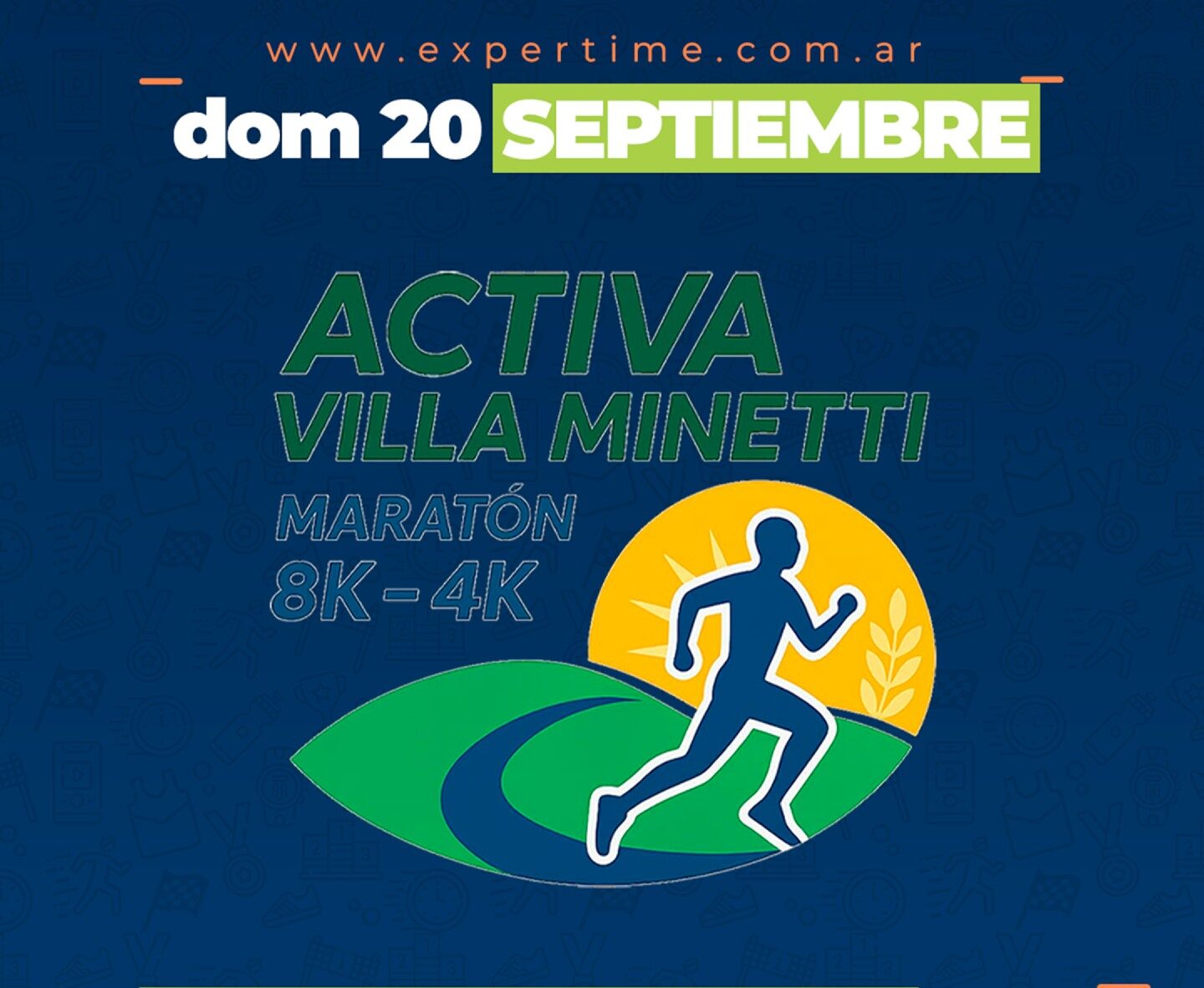 Afiche publicitario que confirma la maratón "Activa Villa Minetti 8K - 4K" para el domingo 20 de septiembre. El diseño sobre fondo azul muestra el logo de un corredor en un sendero con un sol amarillo, acompañado por la palabra "CONFIRMADO" por la plataforma Expertime y los logotipos institucionales de la Ciudad de Villa Minetti y el senador Raúl Gramajo en el pie de la imagen.