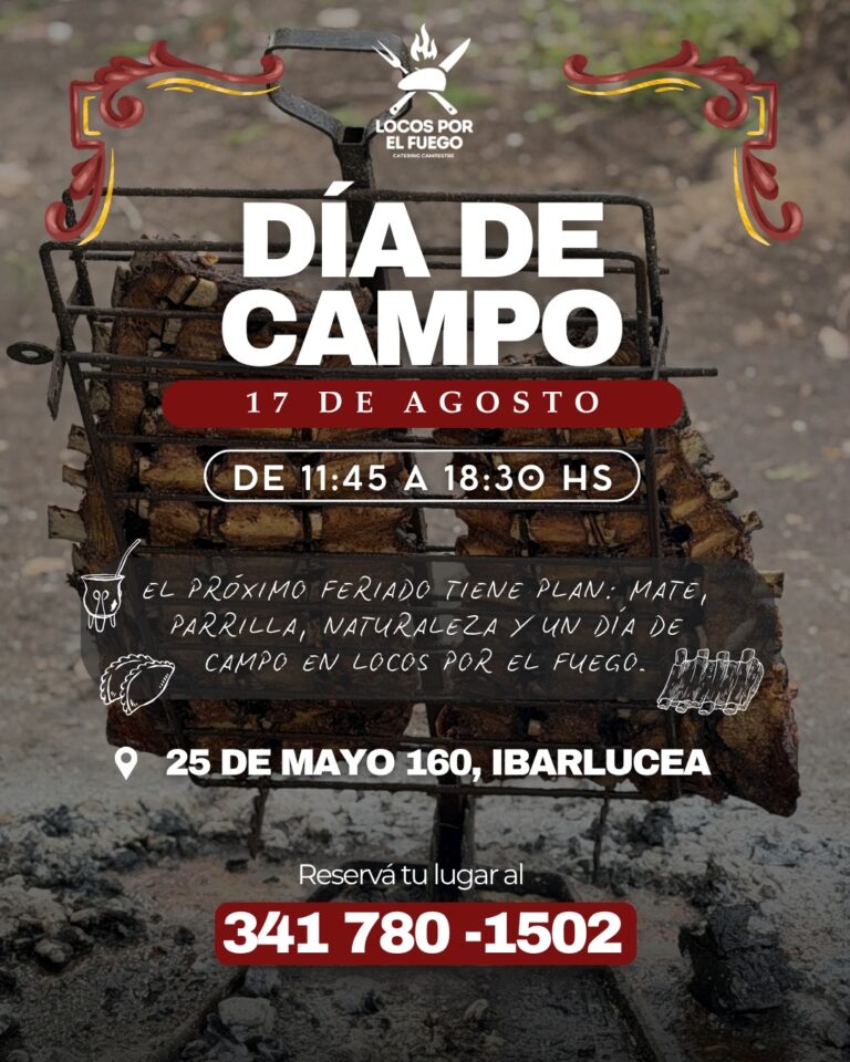 Folleto publicitario digital para un evento gastronómico al aire libre. El fondo muestra una parrilla con carnes asándose a la estaca sobre brasas. En la parte superior se encuentra el logotipo de Locos por el Fuego - Catering Campestre. El texto principal, en letras grandes y blancas, dice DÍA DE CAMPO.