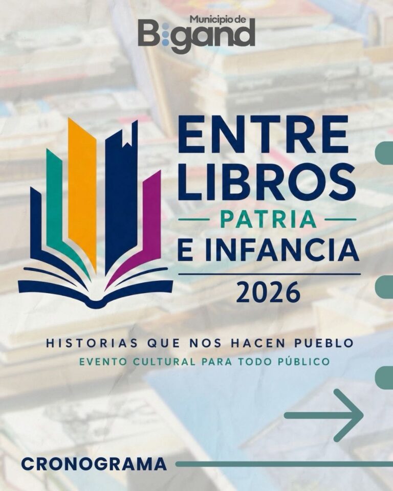 Afiche promocional del evento Entre Libros: Patria e Infancia 2026, organizado por el Municipio de Bigand, provincia de Santa Fe. La tipografía destaca que la programación se desarrollará durante tres jornadas, desde el viernes 14 hasta el domingo 16 de agosto de 2026.