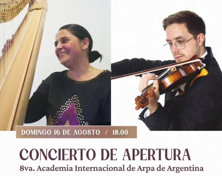 Imagen del Concierto de Apertura de la 8va. Academia Internacional de Arpa de Argentina. Muestra fotos de Christine Icart (Francia, arpa) y Juan Pablo Arizpe (Santa Fe, violín). Detalla que el evento es el domingo 16 de agosto a las 18:00 hs en la Casa de la Cultura (Bv. Gálvez 1274, Santa Fe) con entrada libre y gratuita. Incluye logos de los organizadores y del Ministerio de Cultura provincial.