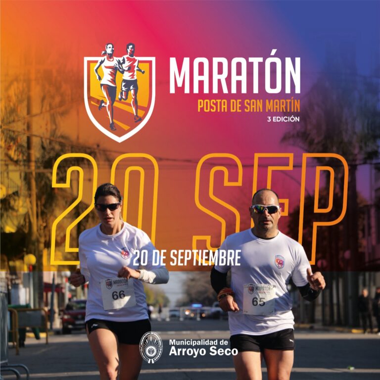Afiche publicitario de la 3.ª Edición de la Maratón Posta de San Martín programada para el 20 de septiembre. El diseño combina un fondo degradado naranja y rosa con la fecha 20 SEP en letras grandes y caladas, mostrando en primer plano a dos atletas corriendo con números de competencia y el logo oficial de la Municipalidad de Arroyo Seco en la base.