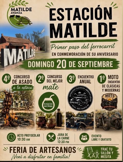 Afiche publicitario del evento Estación Matilde - Primer paso del ferrocarril a realizarse el domingo 20 de septiembre. El cartel detalla una jornada con evento libre y gratuito que incluye el 4.º Concurso de asado a la estaca, el 2.º Concurso del mejor mate, el 3.º Encuentro anual de autos clásicos y el 1.º Moto encuentro. En el pie de la imagen se indican los horarios del acto protocolar (10:30 AM), la jura de la carne (12:30 PM), una feria de artesanos y la invitación a llevar sillón y mesita en familia.