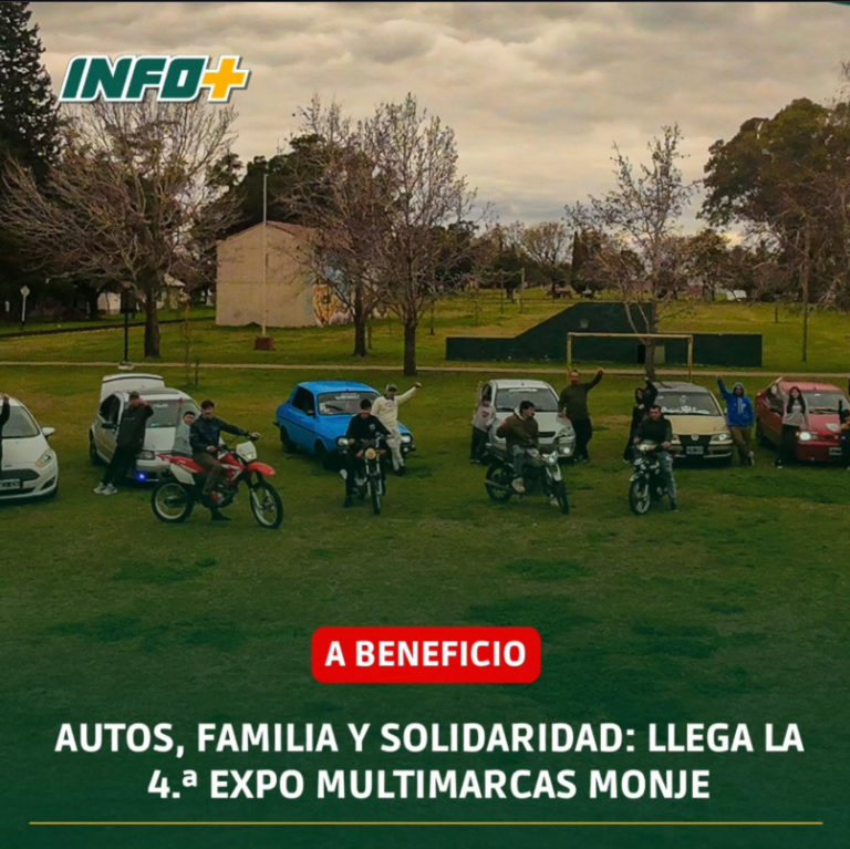 Imagen de la 4.ª Expo Multimarcas Monje, un encuentro solidario que reúne autos, motos y familias. Se observan varios vehículos y motocicletas exhibidos en un espacio verde, junto a sus participantes. El evento se presenta como una propuesta de autos, familia y solidaridad y es a beneficio