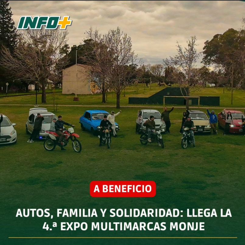 Imagen de la 4.ª Expo Multimarcas Monje, un encuentro solidario que reúne autos, motos y familias. Se observan varios vehículos y motocicletas exhibidos en un espacio verde, junto a sus participantes. El evento se presenta como una propuesta de autos, familia y solidaridad y es a beneficio