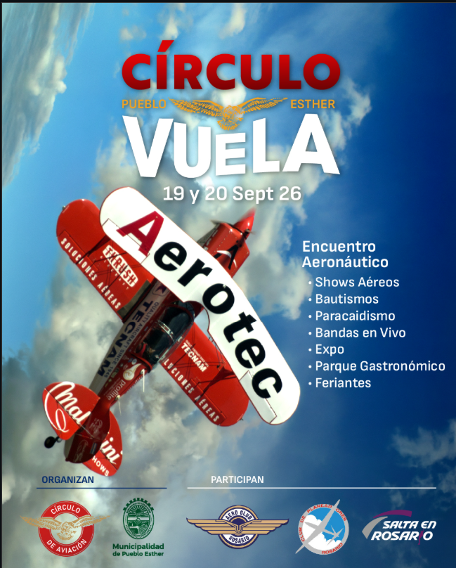 Flyer de Círculo Vuela, un encuentro aeronáutico que se realizará los días 19 y 20 de septiembre de 2026 en Pueblo Esther, Santa Fe. La imagen muestra una avioneta acrobática roja y blanca volando frente a un cielo azul. El evento contará con shows aéreos, bautismos, paracaidismo, bandas en vivo, exposición, parque gastronómico y feriantes. Organizan el Círculo de Aviación y la Municipalidad de Pueblo Esther