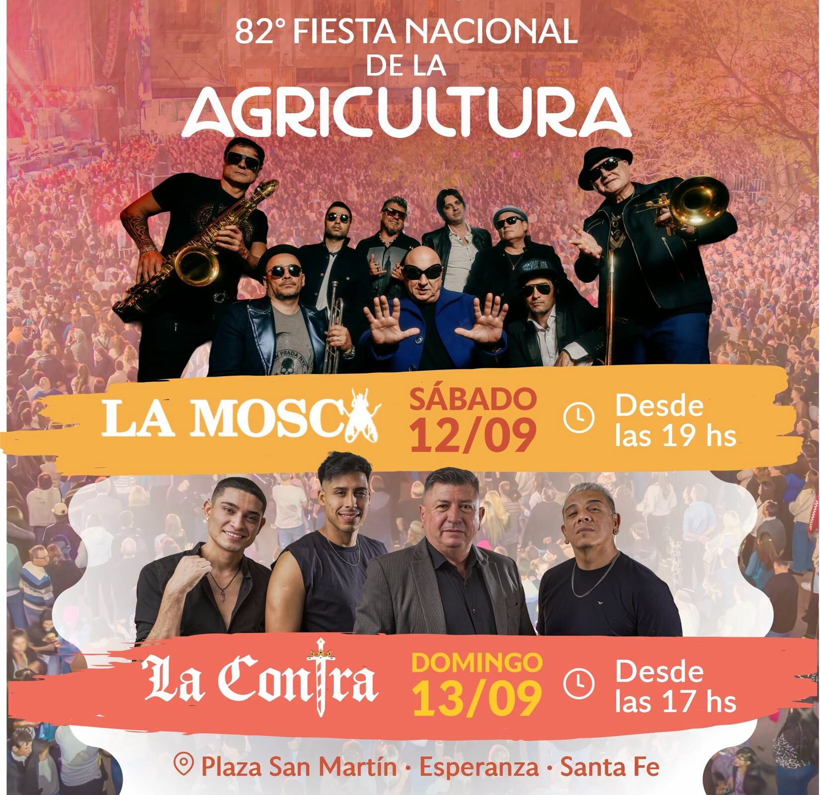 Cartel promocional de la 82° Fiesta Nacional de la Agricultura en Esperanza, Santa Fe. El fondo muestra una multitud frente a un escenario y, en la parte superior, una ilustración de un agricultor arando la tierra. Se anuncian dos espectáculos musicales: La Mosca, el sábado 12 de septiembre a las 19 horas, y La Contra, el domingo 13 de septiembre a las 17 horas. El evento se realiza en Plaza San Martín y el cartel incluye el logo de la Municipalidad de Esperanza.