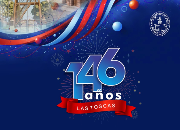 Flyer del 46.º aniversario de Las Parejas. El evento se celebrará durante el mes de agosto. La imagen presenta un diseño alusivo a la ciudad, con edificios emblemáticos y el número 46 como elemento central