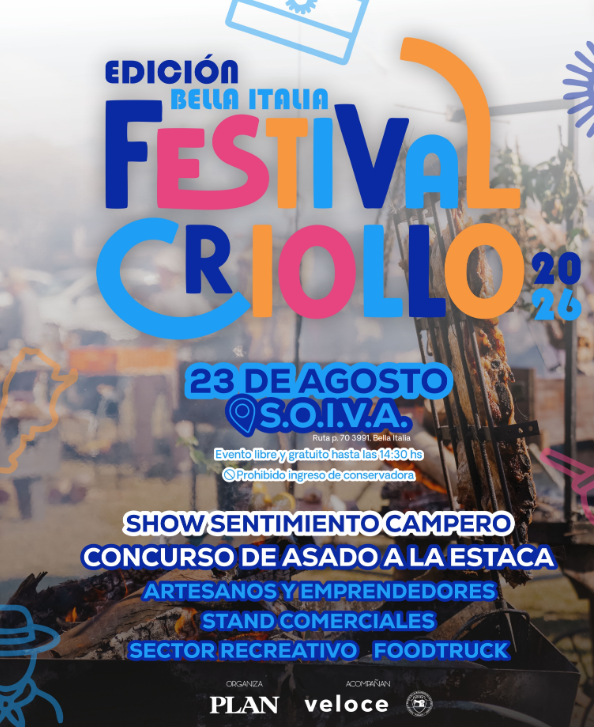 Flyer de la segunda edición del Festival Criollo, que se realizará el 23 de agosto en Gálvez. El evento incluye show de sentimiento gauchero, concurso de asado a la estaca, jineteada y actividades tradicionales como destrezas criollas y sortija. También habrá un sector gastronómico.