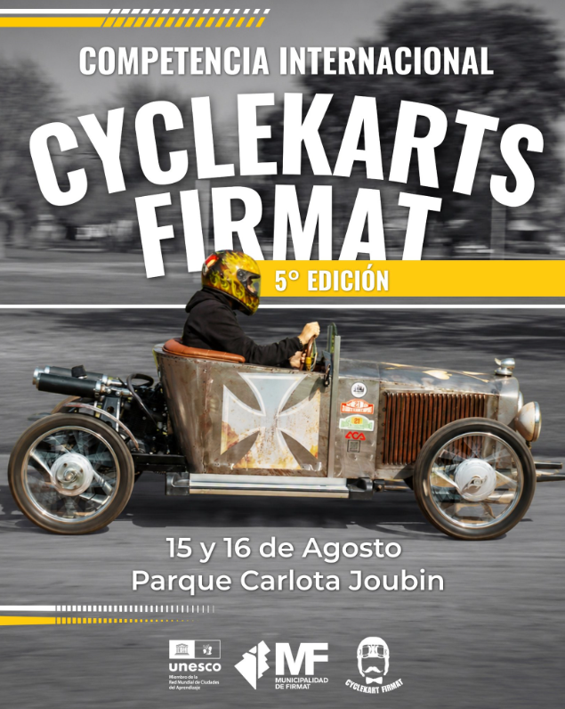 Flyer de la competencia internacional Cyclekarts FIMAT, segunda edición. Se realizará los días 15 y 16 de agosto en el Parque Carlos de la Torre, en Rafaela. La imagen muestra un vehículo tipo cyclekart de estilo clásico