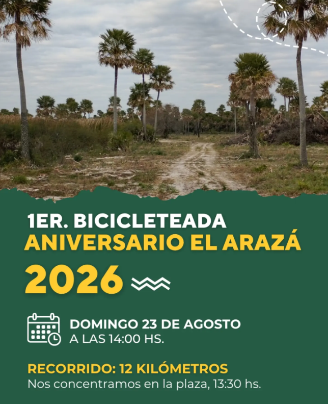 Flyer de la 1.ª Bicicleteada Aniversario El Arazá 2026. Se realizará el domingo 23 de agosto, a las 14 horas, con un recorrido de 12 kilómetros. La imagen muestra un paisaje natural con palmeras y vegetación