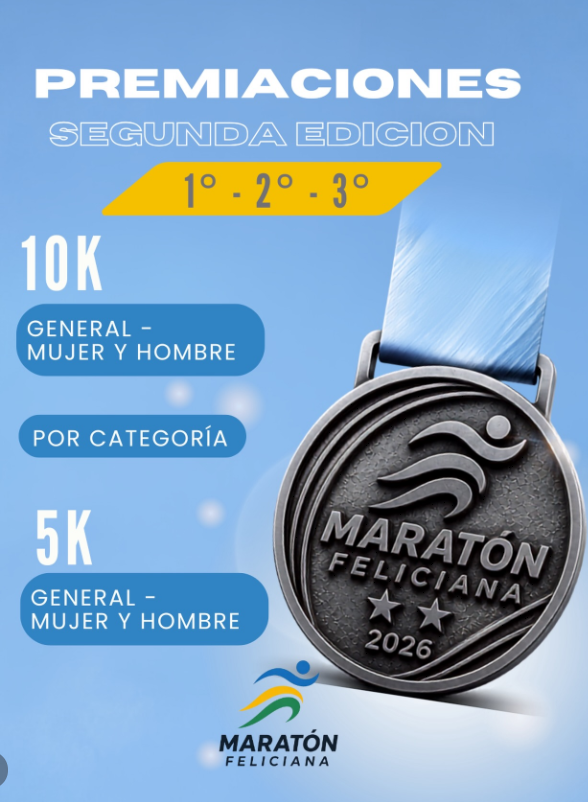 Flyer de la segunda edición del Maratón Feliciana 2026. Se anuncian premiaciones para los primeros tres puestos, en las distancias de 10 y 5 kilómetros. En ambas distancias habrá clasificación general para mujeres y hombres y premiación por categoría. La imagen muestra una medalla del Maratón Feliciana 2026.
