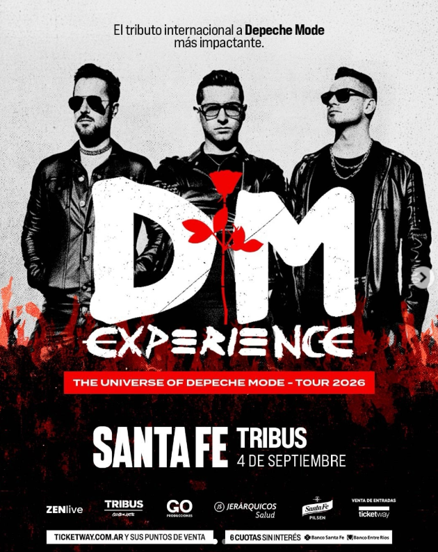 Flyer de DM Experience, tributo internacional a Depeche Mode. El espectáculo, parte del ‘The Universe of Depeche Mode - Tour 2026’, se presentará el 4 de septiembre en Tribus, Santa Fe. Las entradas están disponibles a través de Ticketway