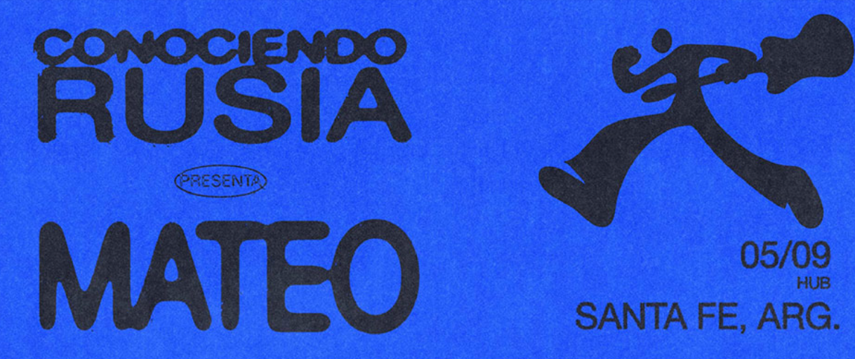 Flyer del espectáculo ‘Mateo’ de Conociendo Rusia. La presentación será el 5 de septiembre en HUB, Santa Fe. El diseño incluye una ilustración de una persona tocando una trompeta