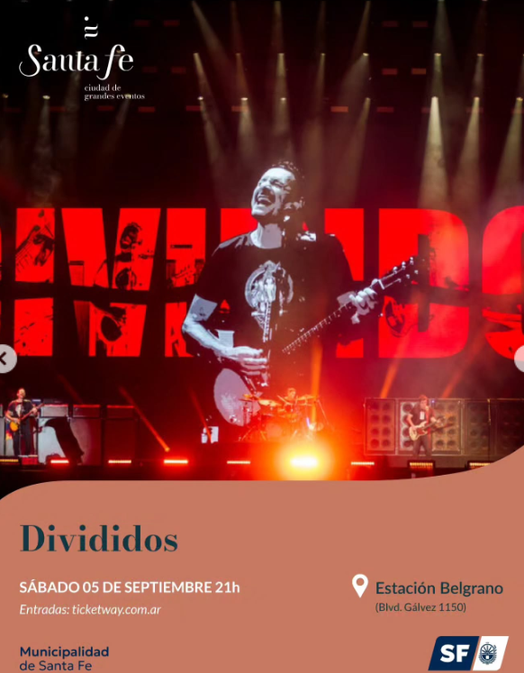 Flyer de un recital de Divididos. El show será el sábado 5 de septiembre a las 21 horas en la Estación Belgrano de Santa Fe, ubicada en Boulevard Gálvez 1150. Las entradas están disponibles a través de Ticketway. La imagen muestra a un integrante de la banda tocando la guitarra durante una presentación en vivo