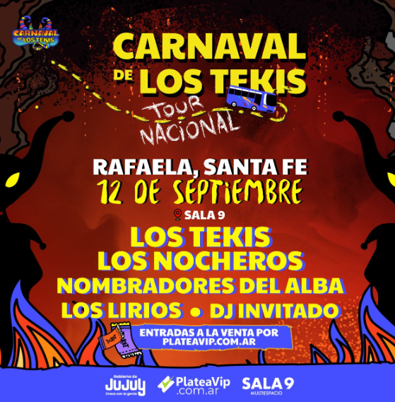 Flyer del Carnaval de Los Tekis Tour Nacional. El evento será el 12 de septiembre en Sala 9 de Rafaela, Santa Fe. Se presentarán Los Tekis, Los Nocheros, Nombradores del Alba y Los Lirios, con un DJ invitado. Las entradas están disponibles a través de PlateaVIP.com.ar
