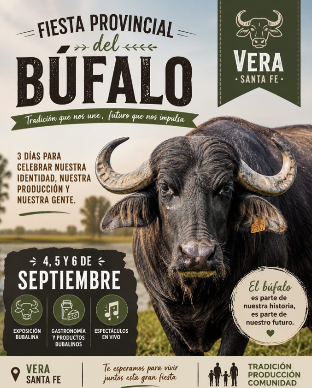 Flyer de la Fiesta Provincial del Búfalo, que se realizará los días 4, 5 y 6 de septiembre en Vera, Santa Fe. El evento celebra la identidad, la producción y la tradición de la región, con exposición bubalina, gastronomía y productos bubalinos, y espectáculos en vivo. La propuesta invita a compartir una celebración familiar bajo el lema ‘Tradición, producción, comunidad
