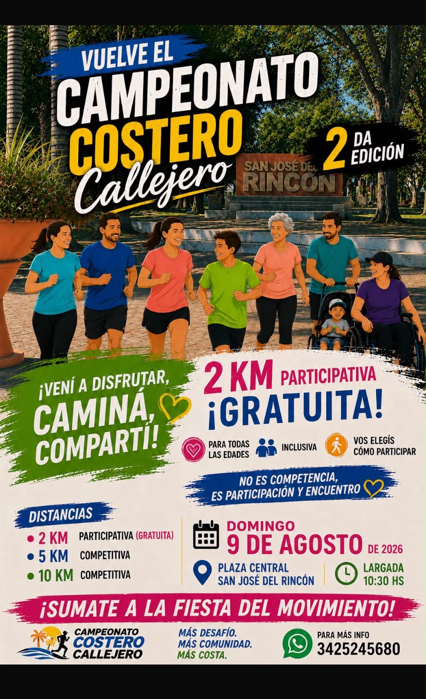 Imagen promocional del 2° Campeonato Callejero de la Costa en San José del Rincón. Se observa un grupo de corredores con camisetas deportivas coloridas. El evento forma parte de una serie de competencias costeras en Santa Fe, Argentina, que celebran el talento local en el running.