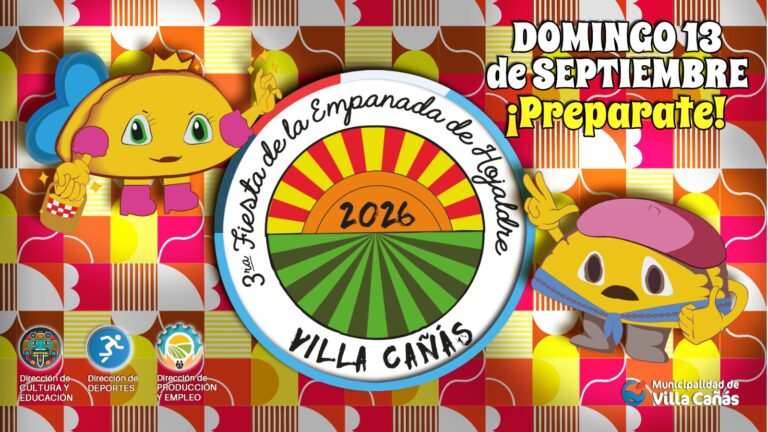 Folleto publicitario con un fondo colorido de patrones geométricos retro que anuncia la 3ra Fiesta de la Empanada de Hojaldre en Villa Cañás, programada para el DOMINGO 13 de SEPTIEMBRE de 2026. En el centro destaca un logotipo circular que incluye la frase del evento, el año 2026, y una ilustración de un sol naciente sobre un campo cultivado. A los lados aparecen dos personajes animados con forma de empanada: uno a la izquierda con botas y sosteniendo un helado, y otro a la derecha vestido de gaucho con pañuelo y rastra. En las esquinas inferiores se ubican los logos institucionales de la Municipalidad de Villa Cañás y sus direcciones de Cultura, Deportes y Producción.