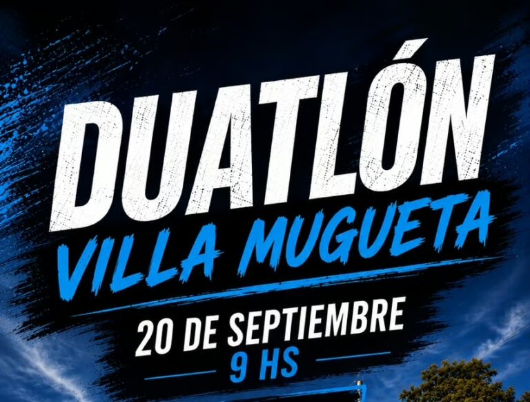 Afiche publicitario del Duatlón Villa Mugueta diseñado sobre un fondo de pinceladas negras y cielo azul. El cartel destaca en letras grandes el nombre de la competencia en colores blanco y azul, indicando en la parte inferior la fecha y el horario del evento: 20 de Septiembre a las 9 HS.