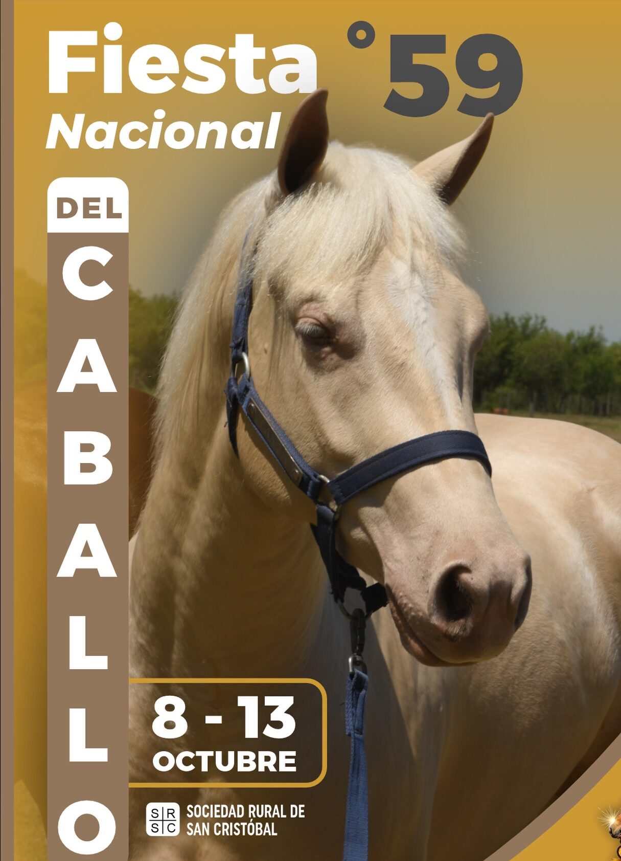 Folleto digital de la 59° Fiesta Nacional del Caballo, ilustrado en el centro con un caballo de pelaje claro y bozal azul. En el sector izquierdo detalla el nombre del evento en tipografía blanca y, dentro de un recuadro oscuro inferior, la fecha del 8 al 13 de octubre, junto al logotipo de la Sociedad Rural de San Cristóbal como sede organizadora.