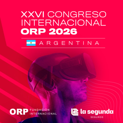 Folleto digital del XXVI Congreso Internacional ORP 2026 en Argentina sobre fondo rojo intenso.Evento: XXVI Congreso Internacional ORP 2026, Argentina (identificado con bandera nacional).Imagen central: Perfil de una persona utilizando gafas de realidad virtual con iluminación en tonos púrpuras y rosados.Logotipos: En la base figuran ORP Fundación Internacional y La Segunda Seguros como auspiciante.