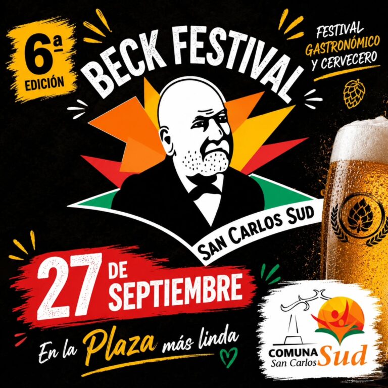 Folleto promocional de festival cervecero. Texto integrado: 6ª Edición. Beck Festival. Festival Gastronómico y Cervecero. San Carlos Sud. 27 de Septiembre. En la Plaza más linda. Comuna San Carlos Sud.