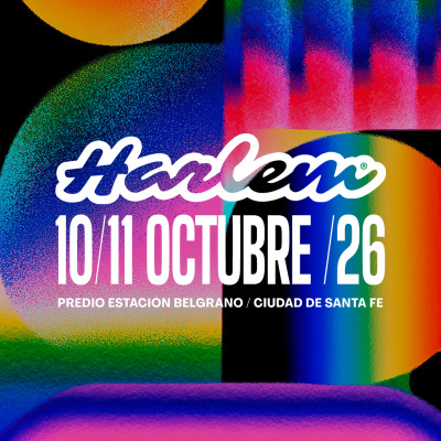 Afiche del Harlem Festival 2026, programado para el 10 y 11 de octubre en el Predio Estación Belgrano de Santa Fe.El diseño presenta un fondo abstracto muy colorido y granulado (tonos verdes, rosados, azules y amarillos) con el logotipo de Harlem en cursiva blanca sobre la fecha y la sede en letras imprentas.