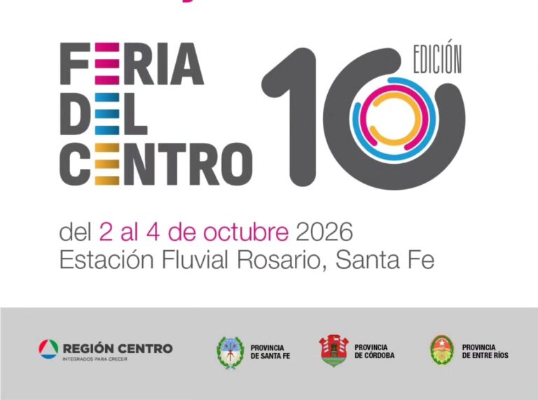 afiche promocional de la 10ª edición de la Feria del Centro, organizado por la Región Centro de Argentina (Provincias de Santa Fe, Córdoba y Entre Ríos). A la izquierda, el nombre del evento: FERIA DEL CENTRO en letras grises y con detalles geométricos de colores. A la derecha, un gran número 10 acompañado por la palabra EDICIÓN. Abajo, las fechas y el lugar del evento: del 2 al 4 de octubre 2026 en la Estación Fluvial Rosario, Santa Fe.