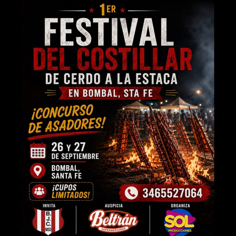 Publicidad de evento gastronómico. Texto integrado: «1er Festival del Costillar de cerdo a la estaca en Bombal, Sta Fe. ¡Concurso de asadores! 26 y 27 de septiembre. Bombal, Santa Fe. ¡Cupos limitados! Teléfono 3465527064. Invita: B.J.C. MSD. Auspicia: Beltrán Supermercados. Organiza: Sol Producciones.»