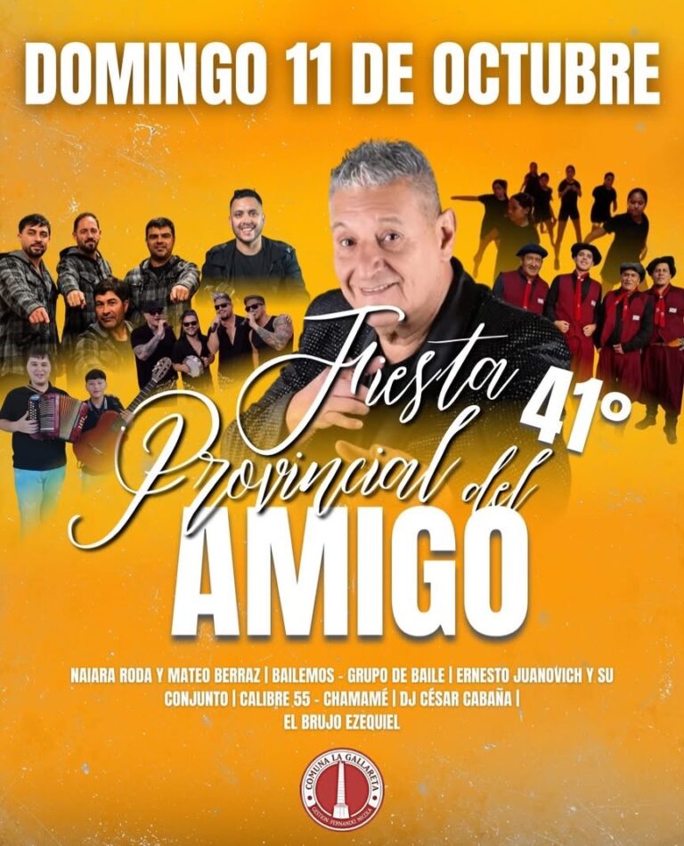 Afiche promocional con fondo naranja de la 41° Fiesta Provincial del Amigo, protagonizado en el centro por el cantante de cumbia El Brujo Ezequiel junto a los demás artistas de la cartelera. En el margen inferior se listan los músicos invitados y el logotipo de la Comuna La Gallareta como institución organizadora.