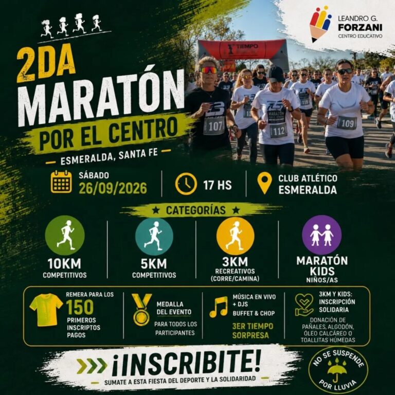 Volante digital de la «2da Maratón por el Centro» en Esmeralda, Santa Fe, organizado por el Centro Educativo Leandro G. Forzani. En la parte superior derecha se observa una fotografía de corredores cruzando una meta. Debajo, sobre un fondo verde oscuro, se detalla la fecha: sábado 26/09/2026 a las 17 hs, con punto de encuentro en el Club Atlético Esmeralda.