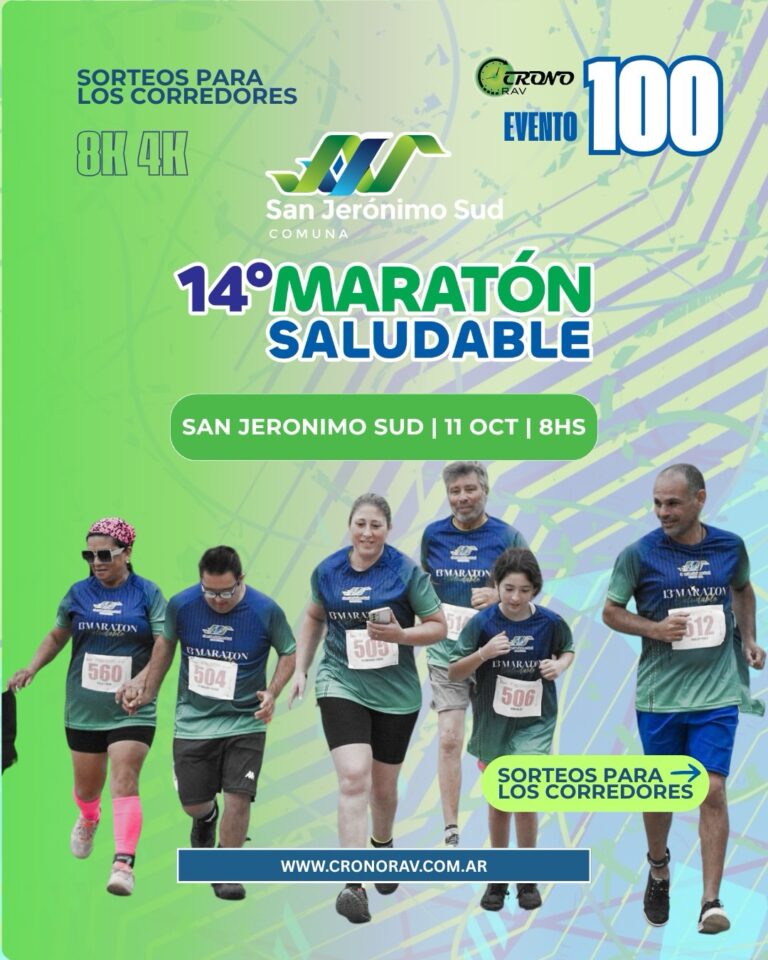 Afiche publicitario de la 14° Maratón Saludable en San Jerónimo Sud. En la parte superior se anuncian las distancias de 8K y 4K, los sorteos y un logo que celebra el Evento 100 de Cronorav. En el centro se destaca la fecha y hora: 11 OCT | 8HS. Abajo se muestra a un grupo de cinco personas corriendo con las remeras oficiales y se incluye la web cronorav.com.ar.