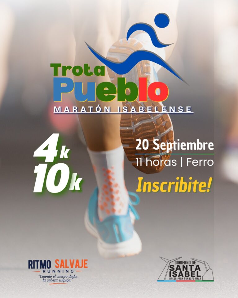Afiche promocional de la carrera Trota Pueblo - MARATÓN ISABELENSE, que se realizará el 20 de Septiembre a las 11 horas en el club Ferro.El diseño muestra en primer plano la pierna y zapatilla de un corredor en movimiento. A la izquierda se destacan las distancias del evento, 4k y 10k, junto al llamado a la acción Inscribite!. En el margen inferior se aprecian los logos de los organizadores: Ritmo Salvaje Running y el Gobierno de Santa Isabel.