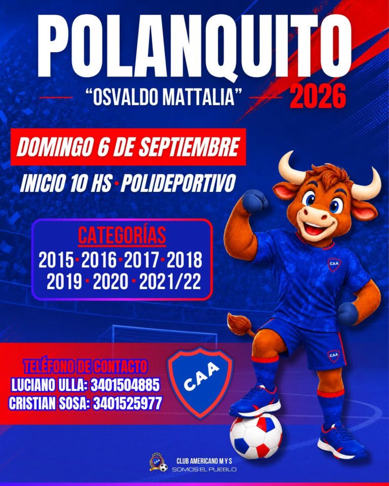 Un folleto publicitario de diseño deportivo anuncia el torneo de fútbol infantil Polanquito 2026 Osvaldo Mattalia, organizado por el Club Americano M y S bajo el lema Somos el pueblo. El afiche combina un fondo azul con destellos rojos y blancos, e incluye la ilustración animada de un toro sonriente vistiendo la camiseta y pantalones del club mientras pisa una pelota de fútbol.