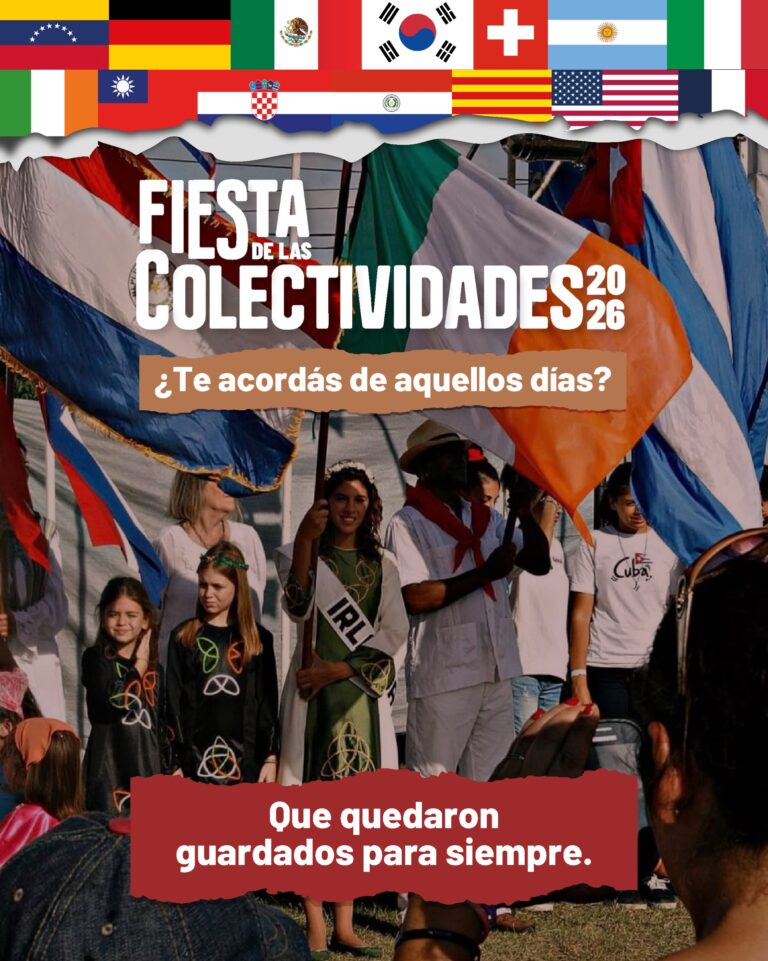 Volante publicitario digital conmemorativo de la «Fiesta de las Colectividades 2026». En la parte superior presenta una guarda decorativa con banderas alineadas de diversos países (Venezuela, España, México, Corea del Sur, Suiza, Argentina, Italia, Taiwán, Croacia, El Salvador, Cataluña, Estados Unidos y Francia, entre otras). Al centro destaca el logotipo del evento en letras blancas estilizadas junto al año 2026.