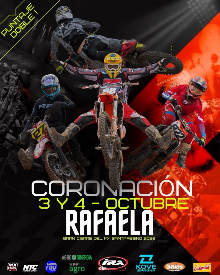Póster promocional del Gran Cierre del MX Santafesino 2026 en tonos rojos y negros, que anuncia la fecha de CORONACIÓN los días 3 y 4 de octubre en Rafaela. En el centro se destacan varios pilotos de motocross realizando saltos acrobáticos en el aire, acompañados por un cartel que advierte ¡PUNTAJE DOBLE! y una hilera de logotipos de patrocinadores en la base.