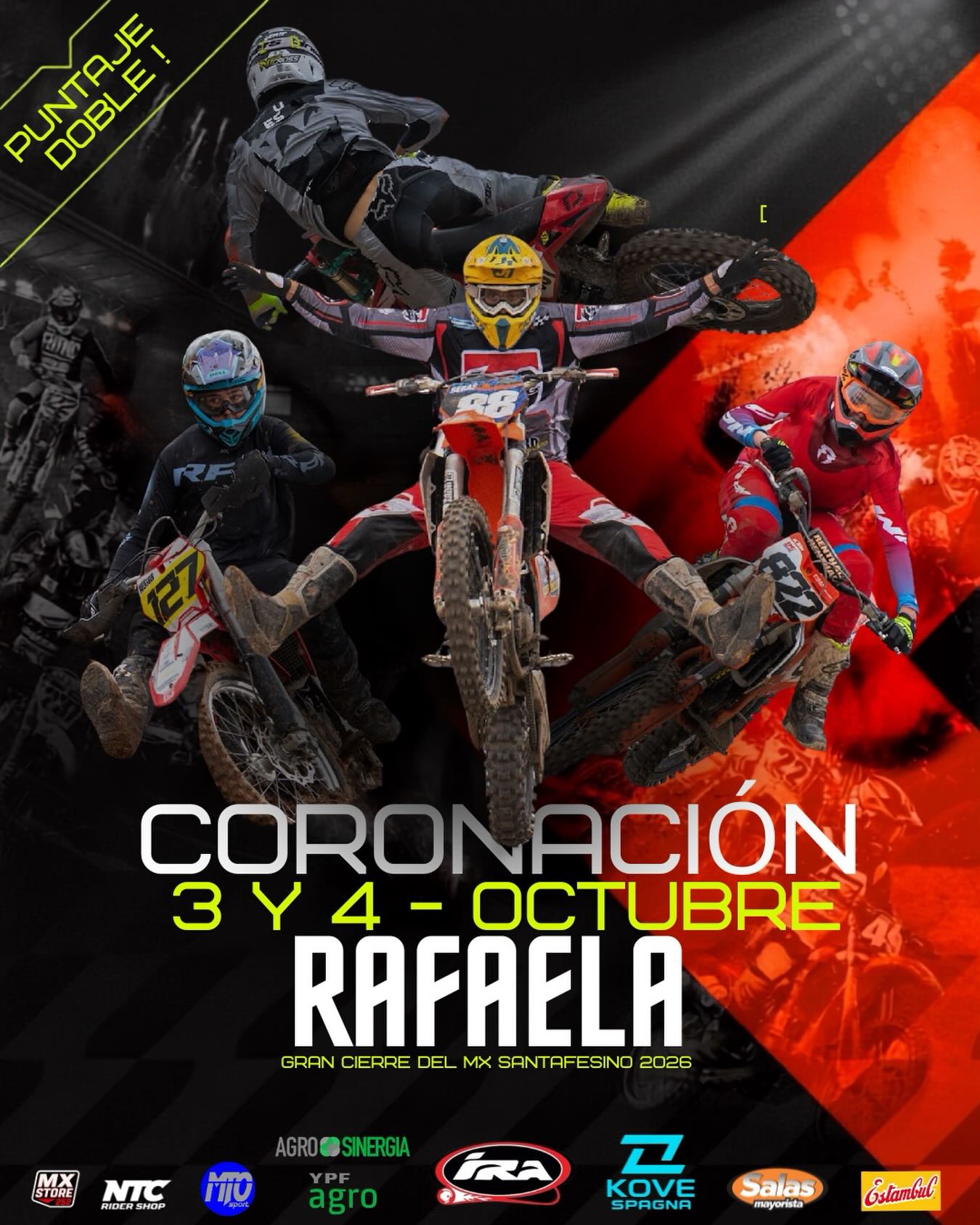 Póster promocional del Gran Cierre del MX Santafesino 2026 en tonos rojos y negros, que anuncia la fecha de "CORONACIÓN" los días 3 y 4 de octubre en Rafaela. En el centro se destacan varios pilotos de motocross realizando saltos acrobáticos en el aire, acompañados por un cartel que advierte "¡PUNTAJE DOBLE!" y una hilera de logotipos de patrocinadores en la base.