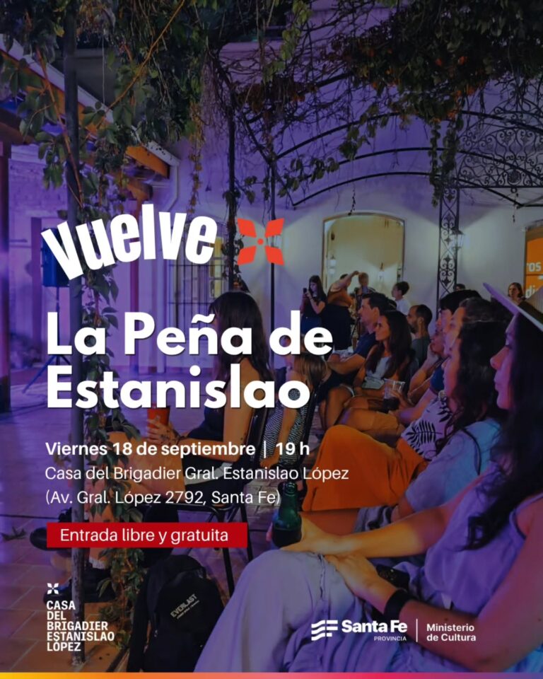 Folleto publicitario en tonos morados que anuncia el evento cultural Vuelve La Peña de Estanislao.Público: Se observa a un grupo de personas sentadas en un patio semiabierto con plantas colgantes.Fecha y hora: Viernes 18 de septiembre a las 19:00 h.Lugar: Casa del Brigadier Gral. Estanislao López (Av. Gral. López 2792, Santa Fe).Acceso: Un botón rojo destaca que la entrada es libre y gratuita.Logotipos: Incluye los sellos de la Casa del Brigadier, la Provincia de Santa Fe y el Ministerio de Cultura.