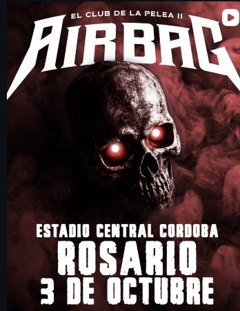 Flyer del evento de lucha libre “AURA II: El Club de la Pelea II”. Presenta una calavera con ojos rojos brillantes sobre un fondo oscuro y rojizo. El evento se realizará el 3 de octubre en el Estadio Central Córdoba de Rosario