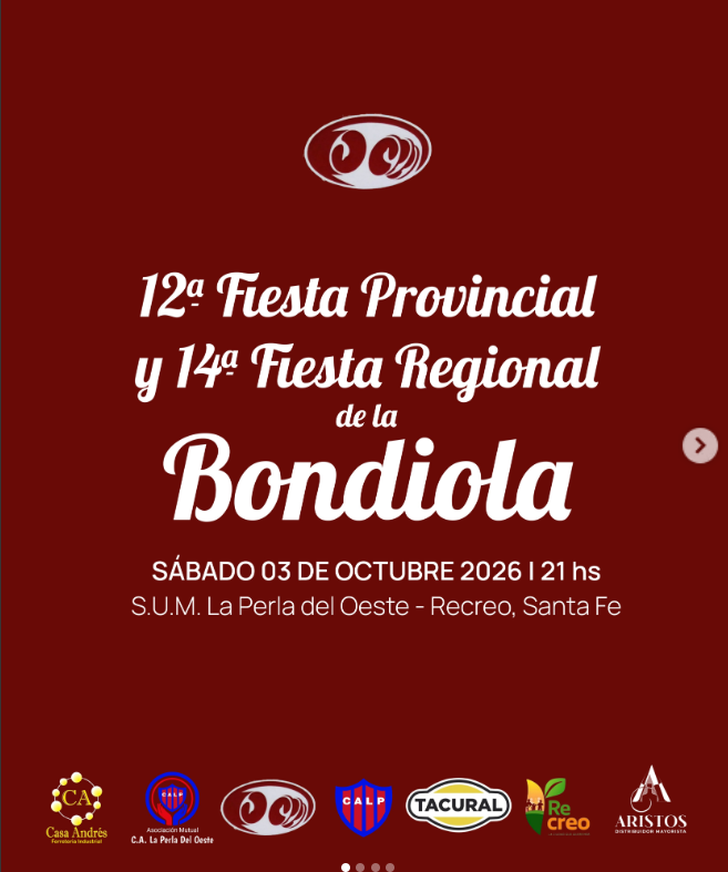 Flyer de la 12.ª Fiesta Provincial y 14.ª Fiesta Regional de la Bondiola. El evento se realizará el sábado 3 de octubre de 2026 a las 21 horas, en el SUM La Perla del Oeste, en Recreo, Santa Fe. El diseño tiene fondo bordó, letras blancas y los logotipos de las instituciones organizadoras en la parte inferior.