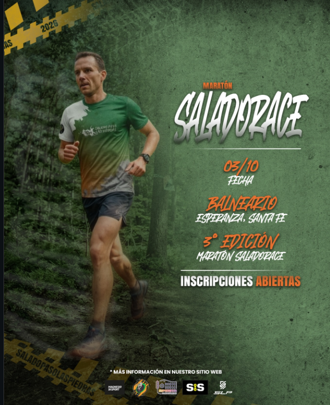 Flyer de la 3.ª edición del Maratón Saladopasace, que se realizará el 3 de octubre de 2026 en el Balneario de Esperanza, Santa Fe. La imagen muestra a un corredor en un sendero natural y anuncia que las inscripciones están abiertas.