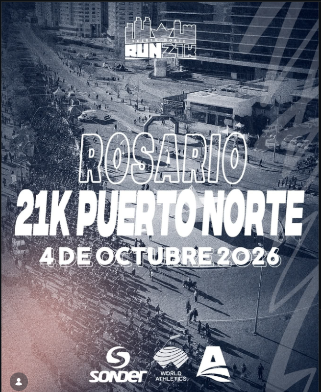Flyer del Puerto Norte Run 2026, una carrera de 21 kilómetros que se realizará el 4 de octubre de 2026 en Rosario, Santa Fe. La imagen muestra una vista aérea de Puerto Norte en tonos azul y blanco, con el nombre de la competencia, la fecha y los logotipos de Sonder, World Athletics y los organizadores.