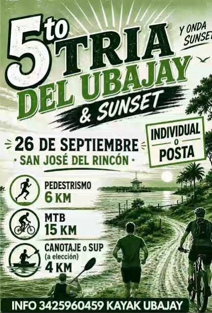 Volante publicitario digital con estética deportiva y rústica sobre un fondo de tonalidades verdes y cremas. En la parte superior resalta el título «5to TRIA DEL UBAJAY & SUNSET» en letras grandes con tipografía desgastada y la frase «y onda Sunset» arriba a la derecha. Abajo se lee la fecha y lugar: «26 de SEPTIEMBRE - SAN JOSÉ DEL RINCÓN» flanqueada por guiones, y a su lado un recuadro inclinado que dice «INDIVIDUAL o POSTA».