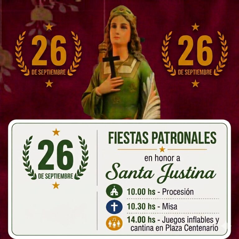 Folleto dividido en dos bloques. Bloque superior: Imagen de Santa Justina sobre fondo rojo vino, flanqueada por dos emblemas dorados del 26 DE SEPTIEMBRE. Bloque inferior: Recuadro blanco con logo verde del 26 DE SEPTIEMBRE a la izquierda y el cronograma a la derecha (Procesión 10:00 hs, Misa 10:30 hs y Juegos/Cantina 14:00 hs).