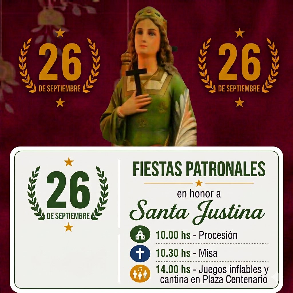 Folleto dividido en dos bloques. Bloque superior: Imagen de Santa Justina sobre fondo rojo vino, flanqueada por dos emblemas dorados del "26 DE SEPTIEMBRE". Bloque inferior: Recuadro blanco con logo verde del "26 DE SEPTIEMBRE" a la izquierda y el cronograma a la derecha (Procesión 10:00 hs, Misa 10:30 hs y Juegos/Cantina 14:00 hs).