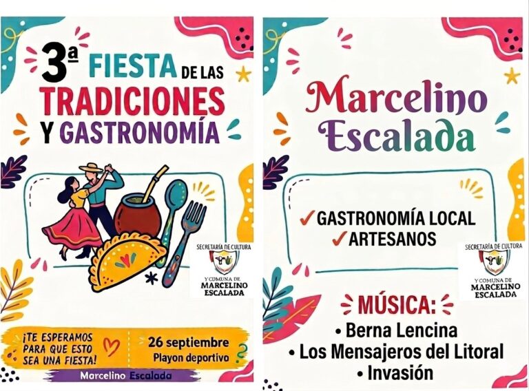 Afiche festivo en dos páginas que promociona la 3° Fiesta de las Tradiciones Culturales y la Gastronomía. La página izquierda incluye el título del evento, ilustraciones tradicionales (pareja bailando, mate, empanada) y los datos de fecha y lugar: 26 de septiembre en el Playón deportivo. La página derecha destaca el nombre de la localidad, Marcelino Escalada, y detalla los atractivos principales: gastronomía local, artesanos y los espectáculos musicales de Berna Lencina, Los Mensajeros del Litoral e Invasión. Ambas partes cierran con el logo de la comuna organizadora.