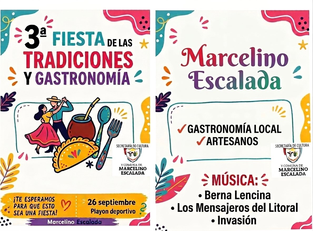 Afiche festivo en dos páginas que promociona la 3° Fiesta de las Tradiciones Culturales y la Gastronomía. La página izquierda incluye el título del evento, ilustraciones tradicionales (pareja bailando, mate, empanada) y los datos de fecha y lugar: 26 de septiembre en el Playón deportivo. La página derecha destaca el nombre de la localidad, Marcelino Escalada, y detalla los atractivos principales: gastronomía local, artesanos y los espectáculos musicales de Berna Lencina, Los Mensajeros del Litoral e Invasión. Ambas partes cierran con el logo de la comuna organizadora.