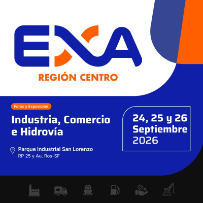 Folleto digital del evento EXA Región Centro - Foros y Exposición. El texto anuncia las temáticas Industria, Comercio e Hidrovía y detalla que se llevará a cabo los días 24, 25 y 26 de Septiembre de 2026 en el Parque Industrial San Lorenzo (RP 25 y Au. Ros-SF). El diseño combina los colores azul, blanco y naranja, e incluye iconos industriales en el margen inferior.