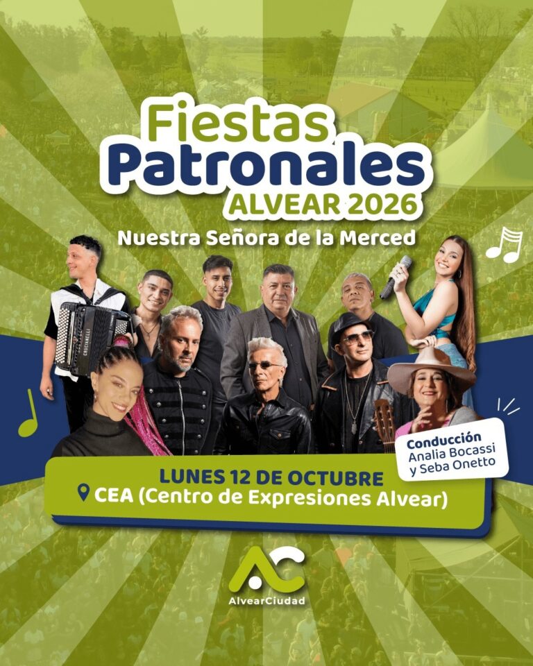 Afiche publicitario de las Fiestas Patronales Alvear 2026 en honor a Nuestra Señora de la Merced. La imagen muestra en el centro a los artistas musicales invitados sobre un fondo verde. En la parte inferior, una franja amarilla detalla el día y la ubicación del evento: Lunes 12 de octubre en el CEA (Centro de Expresiones Alvear). También se anuncia la conducción a cargo de Analía Bocassi y Seba Onetto, junto con el logo institucional de Alvear Ciudad en la base.